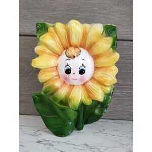 Vintage Anthropomorphic Smiling Face Sunflower Wall Pocket Japan 7"